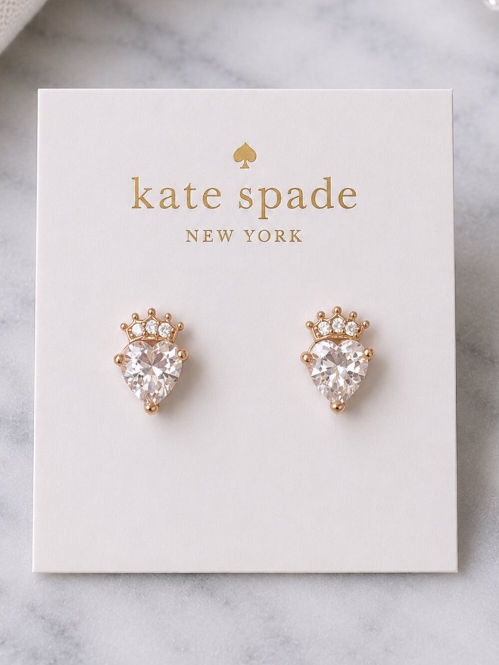 Kate Spade Crystal Heart Crown Stud Earrings Gold Sparkling Princess Earrings